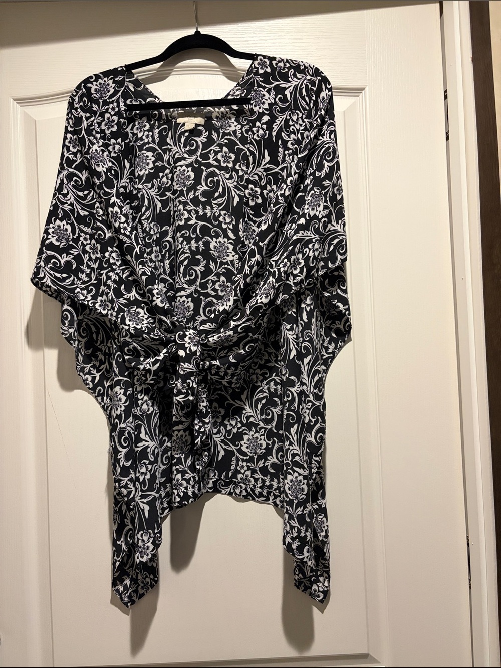 LOFT Black and White Floral Tie-Front Poncho Sweater